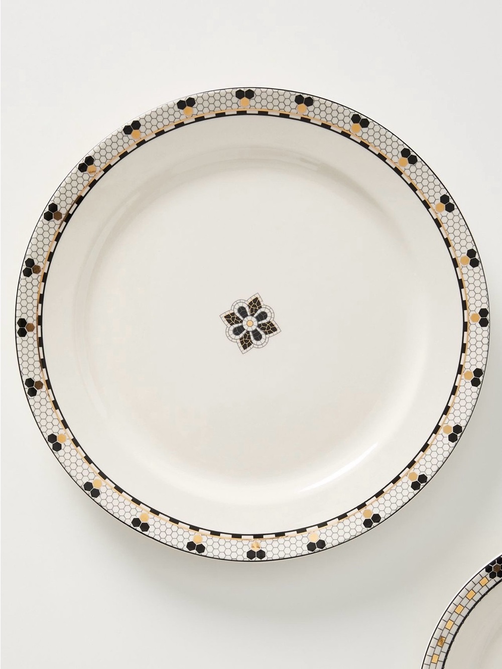 Anthropologie Bistro Tile Stoneware 24k Gold Accent DinnerPlates, Set of 2